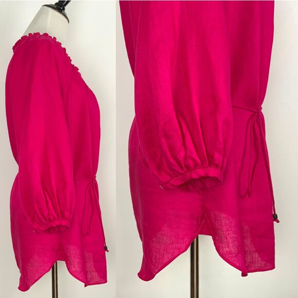 Lauren Ralph Lauren Fuschia Linen Peasant Embroidered Blouse Tie Waist Sz L - Picture 5 of 16
